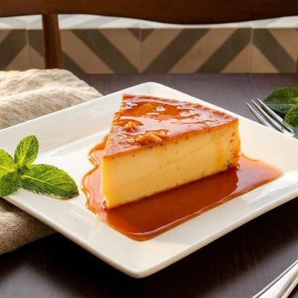 A slice of flan with caramel sauce and mint on a white plate with a fork.