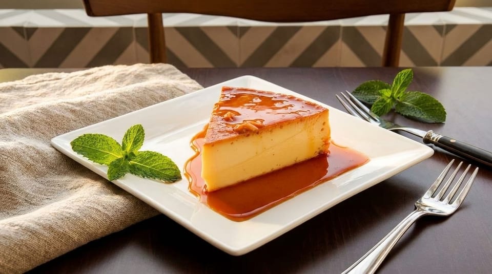 A slice of flan with caramel sauce and mint on a white plate with a fork.