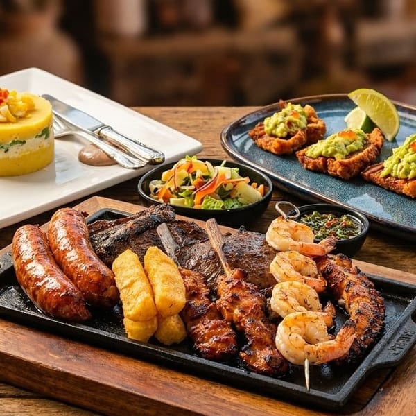 A Peruvian feast with causa, grilled meats, shrimp skewers, and avocado toasts on a wooden table.