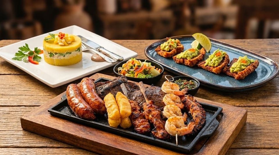 A Peruvian feast with causa, grilled meats, shrimp skewers, and avocado toasts on a wooden table.