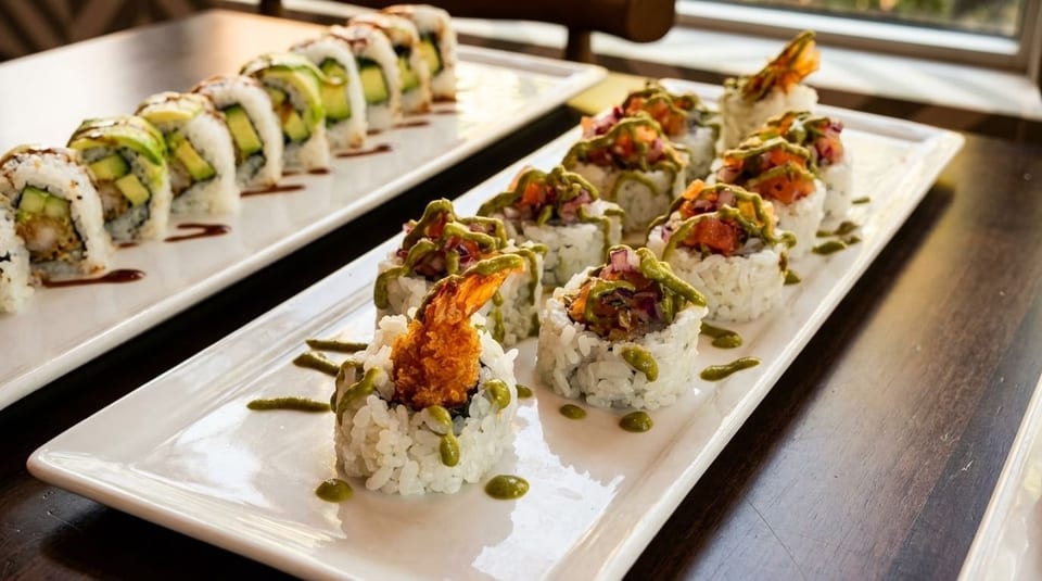 Two white platters of sushi rolls, one with avocado and the other with shrimp tempura and sauce.