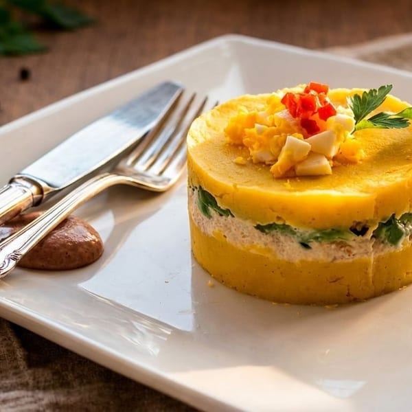 Peruvian causa, a layered potato dish, topped with egg, red pepper, and parsley, on a white plate.