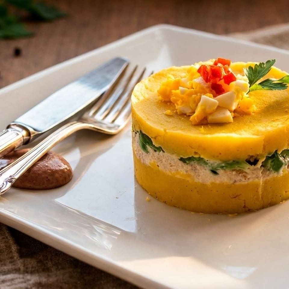 Peruvian causa, a layered potato dish, topped with egg, red pepper, and parsley, on a white plate.
