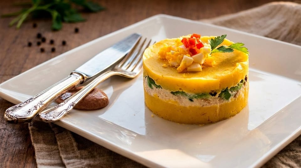 Peruvian causa, a layered potato dish, topped with egg, red pepper, and parsley, on a white plate.