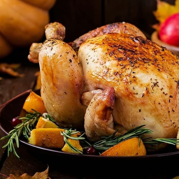 Roasted whole chicken garnished with oranges, rosemary, and cranberries on a rustic wooden table.
